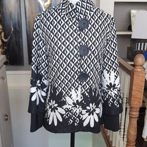 joseph Ribkoff Black and Ivory Geometric Floral Jacket P2P 21 L 25 NWOT
